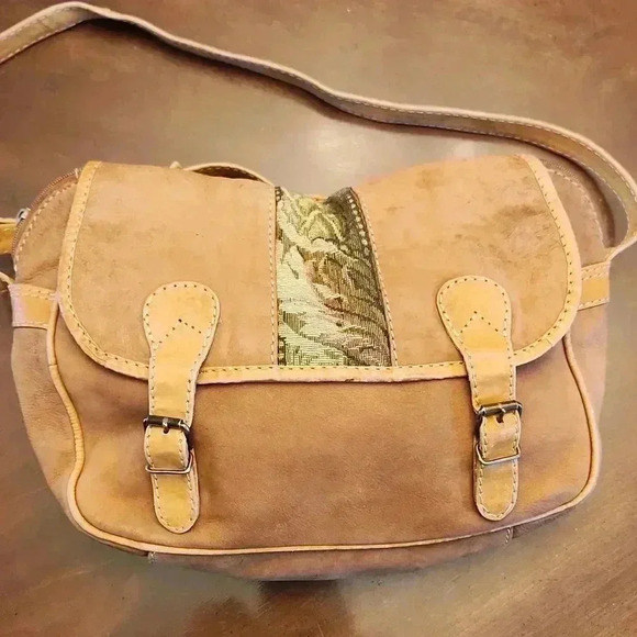 Leather and tapestry crossbody bag - Picture 1 of 6